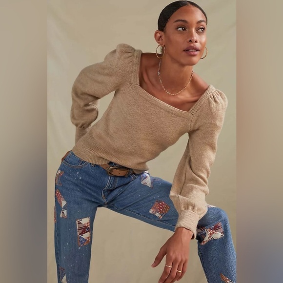 Anthropologie Tan Puff Sleeve Sweater - Picture 3 of 16